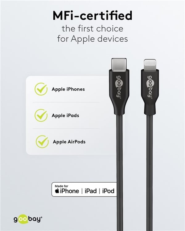 Goobay Lightning til USB-C™ lade- og synkroniseringskabel, 1 m, svart MFi-kabel for Apple iPhone/iPad