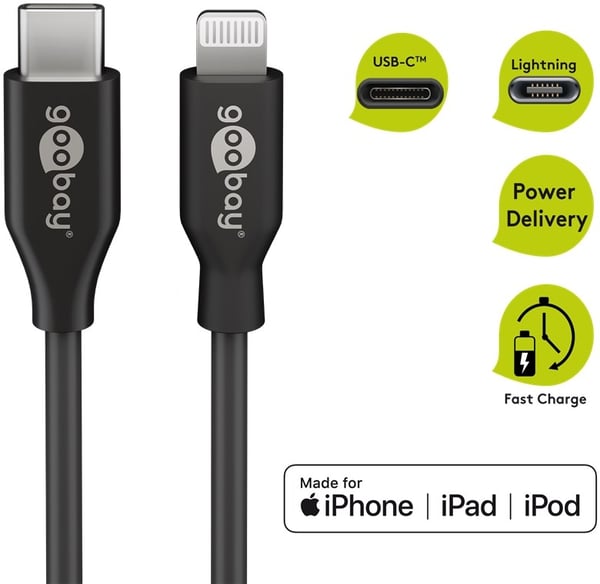 Goobay Lightning til USB-C™ lade- og synkroniseringskabel, 2 m, svart MFi-kabel for Apple iPhone/iPad