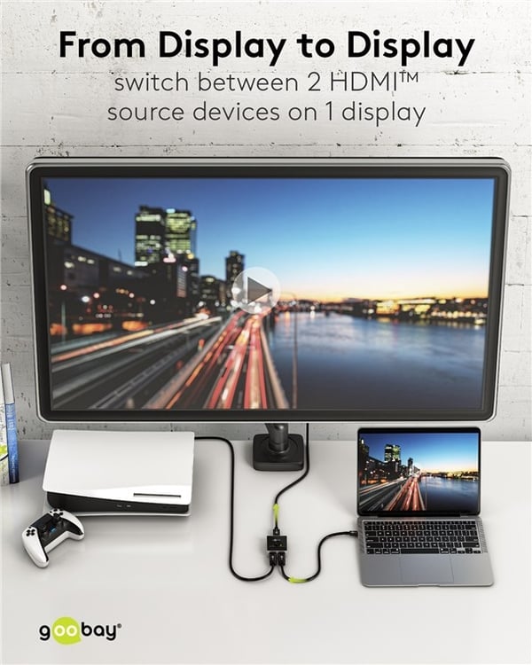 Goobay Manuell HDMI™-omkopplare 2 till 1 (4K @ 60 Hz) för att växla mellan 2x HDMI™-enheter som är anslutna till 1x HDMI™-skärm