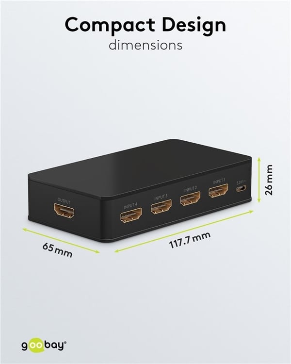 Goobay Manuell HDMI™ Switch 4 til 1 (4K @ 60 Hz) for å bytte mellom 4 x HDMI™-enheter koblet til 1 x HDMI™-skjerm