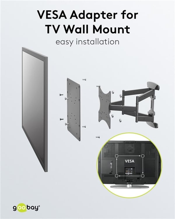 Goobay Adapter för TV-väggfäste med VESA-dimension ökar avståndet mellan monteringshålen på en TV-apparat till maximalt 200x200 mm