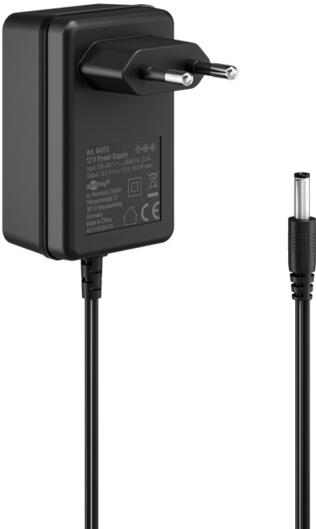 Goobay 12 V strømforsyning (18 W / 1,5 A) med senterpinne (hann) 5,5 mm x 2,1 mm