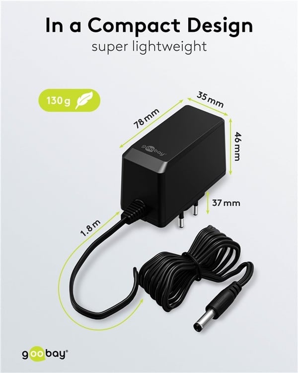 Goobay 12 V strømforsyning (27 W / 2,25 A) med senterpinne (hann) 5,5 mm x 2,1 mm