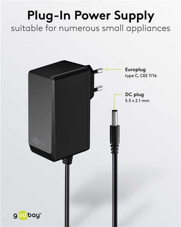 Goobay 12 V strømforsyning (27 W / 2,25 A) med senterpinne (hann) 5,5 mm x 2,1 mm