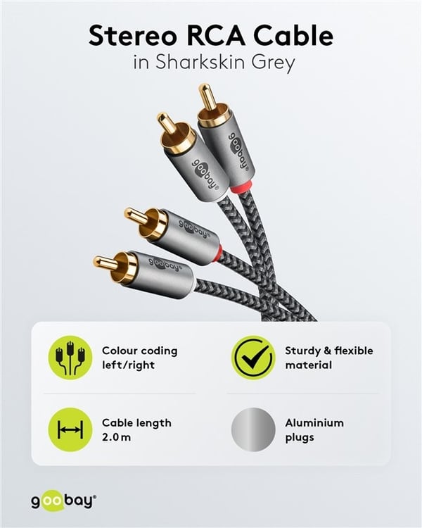Goobay Stereo RCA-kabel, 2 m 2x RCA-kontakt (lyd venstre/høyre) > 2x RCA-kontakt (lyd venstre/høyre)