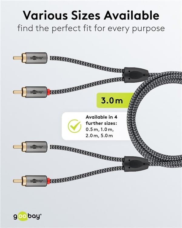 Goobay Stereo RCA-kabel, 3 m 2x RCA-kontakt (ljud vänster / höger) > 2x RCA-kontakt (ljud vänster / höger)