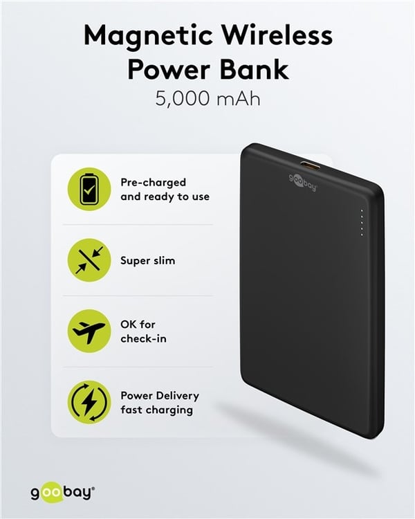 Goobay Magnetisk trådløs powerbank på 5 000 mAh festes magnetisk på baksiden av mobiltelefonen, perfekt for samtidig lading og telefonsamtaler
