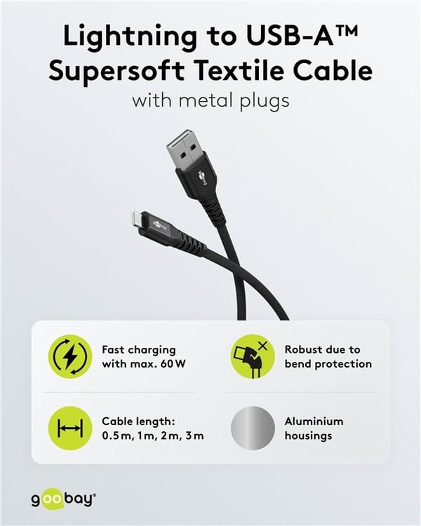Goobay Lightning-USB-A supermyk tekstilkabel med metallkontakter, 1 m, svart MFi-sertifisert, elegant og ekstra robust lade- og synkroniseringskabel f