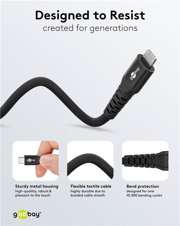 Goobay Lightning-USB-C™ supermyk tekstilkabel med metallkontakter, 0,5 m, svart MFi-sertifisert, elegant og ekstra robust lade- og synkroniseringskabe