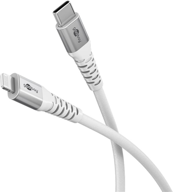 Goobay Lightning-USB-C™ supermyk tekstilkabel med metallkontakter, 1 m, hvit MFi-sertifisert, elegant og ekstra robust lade- og synkroniseringskabel f