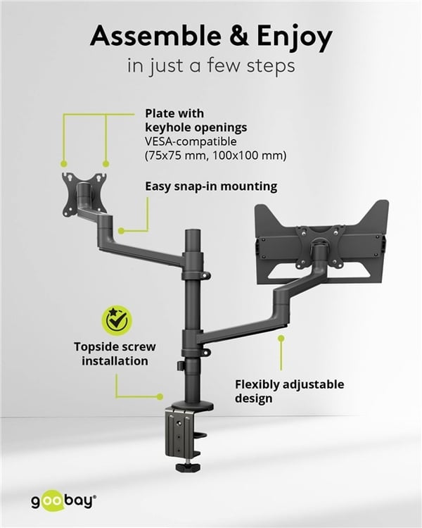 Goobay Deluxe skjermfeste med arm for bærbar PC, svart arbeidsstasjon for skjermer fra 17 til 32 tommer (43 - 81 cm) pluss en bærbar PC, skjerm maks.