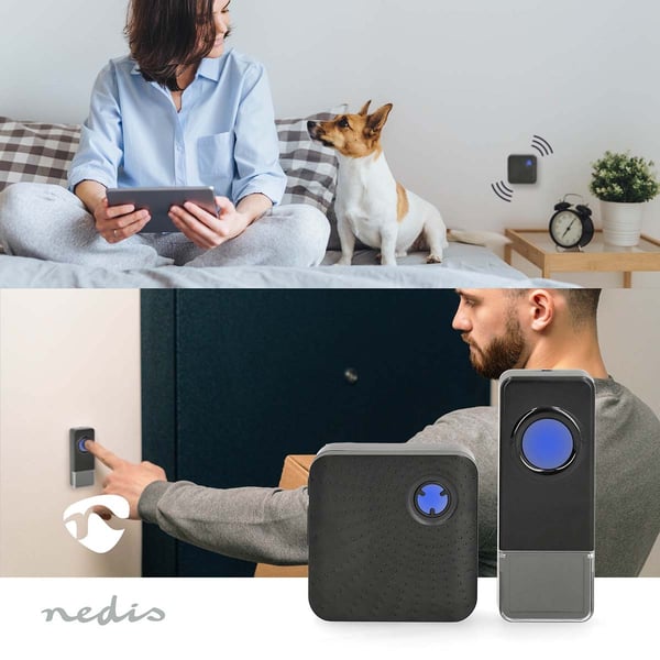 Nedis Trådløs ringeklokke Set | Nettstrøm drevet | 100 - 240 V AC 50/60 Hz | 1x 23A 12V | Volum: 110 dB | Signalområde (siktelinje): 150 m | IP55 | 58