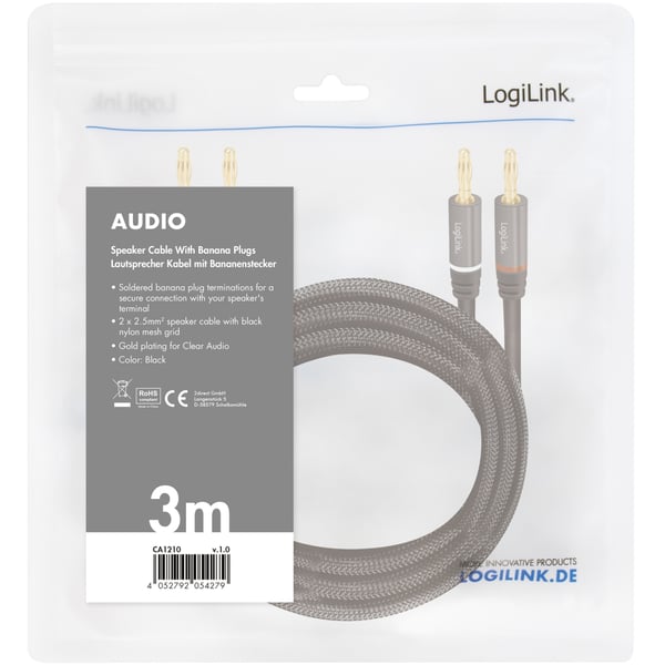 LogiLink Høyttalerkabel 2 x 2,5 mm² med banankontakter Svart 3 meter