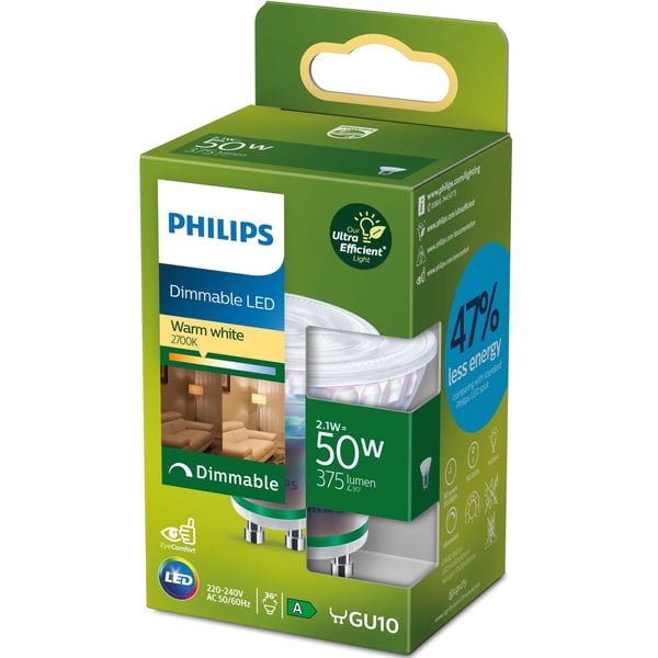 Philips LED GU10 2,1W (50W) 375lm dimbar 2700K Energiklasse A