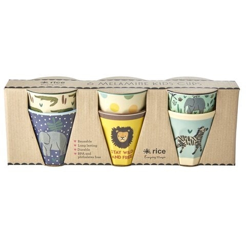 RICE 6 stk. små melaminkopper for barn - Jungle Print Blue