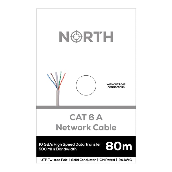 North Nettverkskabel Cat6A UTP Hvit 80m kontaktløs Solid 10Gb/s 500MHz 24awg CM