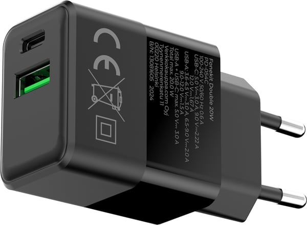 FoneKit Double 20W -laturi, USB-C + USB-A, musta