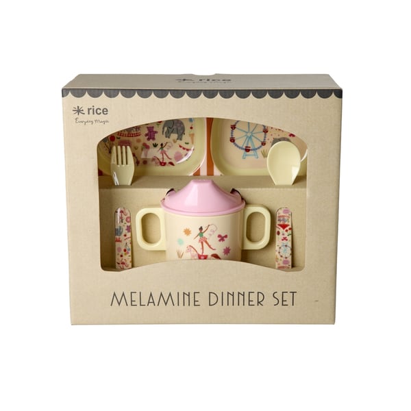 RICE Middagssett i melamin for babyer - Fun Fair Print - Rosa