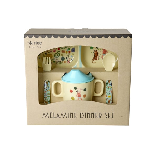 RICE Melamin middagssett for babyer - Fun Fair Print - Mint og blått