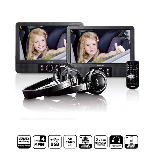 Lenco 9 tommers DVD-dobbeltskjerm med braketter og hodetelefoner Svart
