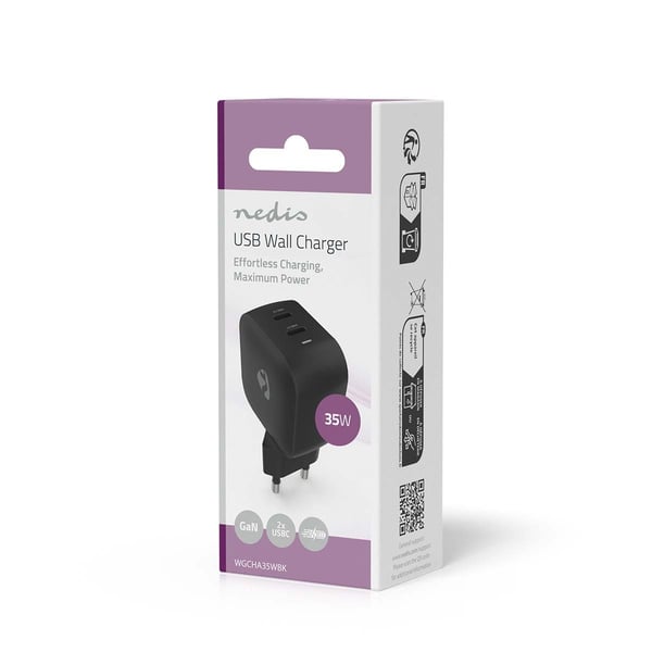 Nedis vegg lader | 35 W | GaN | PD3.0 | 1.75 / 2.33 / 2.92 / 3.0 A | Antall utganger: 2 | 2x USB-C™ | Automatisk Spenning Utvalg | Sort
