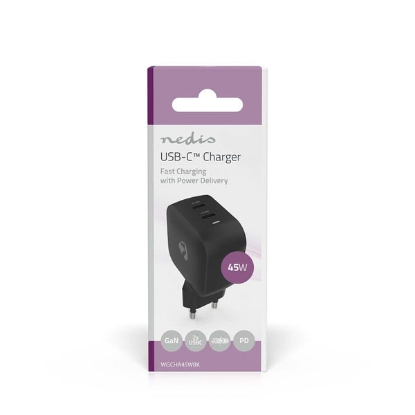 Nedis Vægoplader | 45 W | GaN | PD3.0 | 2.25 A / 3.0 A | Antal output: 2 | 2x USB-C™ | Automatisk Valgt Spænding | Sort