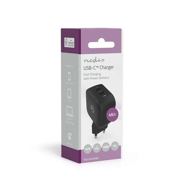 Nedis Vægoplader | 45 W | GaN | PD3.0 | 2.25 A / 3.0 A | Antal output: 2 | 2x USB-C™ | Automatisk Valgt Spænding | Sort