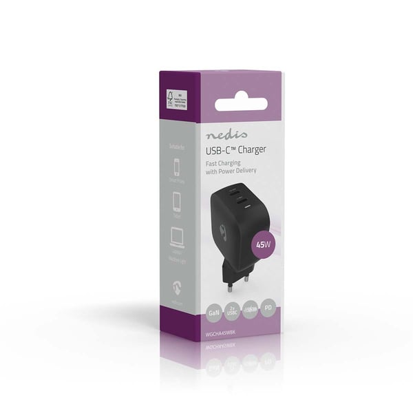 Nedis Vægoplader | 45 W | GaN | PD3.0 | 2.25 A / 3.0 A | Antal output: 2 | 2x USB-C™ | Automatisk Valgt Spænding | Sort