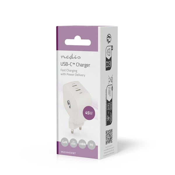 Nedis vegg lader | 45 W | GaN | PD3.0 | 2.25 A / 3.0 A | Antall utganger: 2 | 2x USB-C™ | Automatisk Spenning Utvalg | Hvit