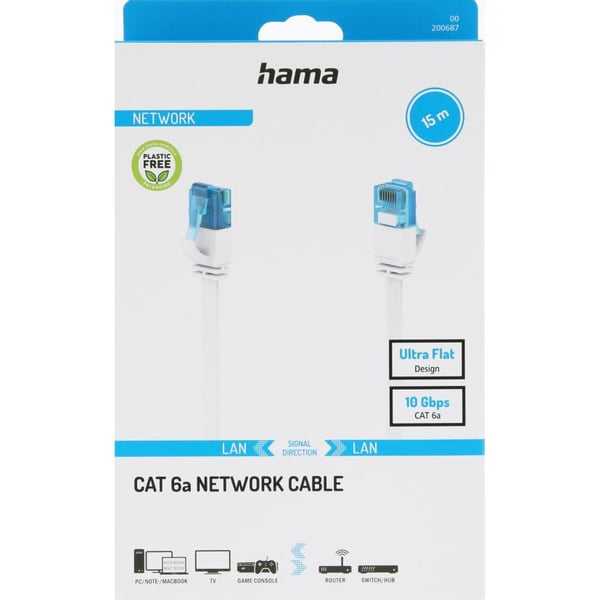 Hama Nettverkskabel Cat6A 10Gbit/S U/Utp Flat Hvit 15m