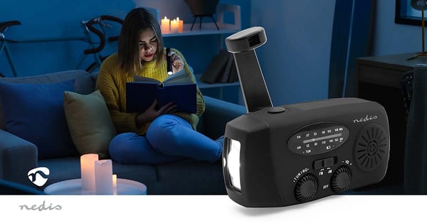 Nedis Nødradio | Borddesign | AM / FM | Accu drevet / Håndsving / USB Drevet | Sort