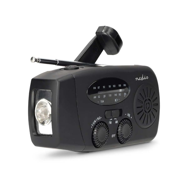 Nedis Nødradio | Borddesign | AM / FM | Accu drevet / Håndsving / USB Drevet | Sort