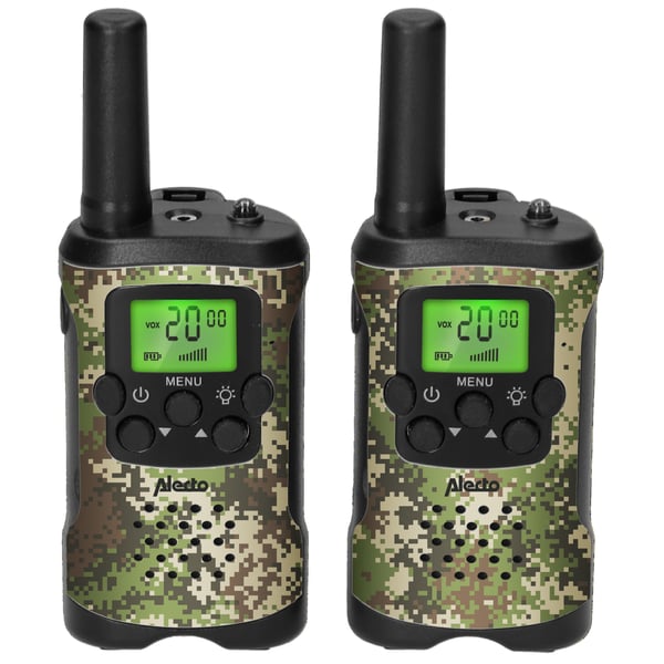 Alecto Walkie-Talkie-sett | 2 håndsett | Opp til 7 km | Frekvenskanaler: 8 | PTT / VOX | 24 timers standby | Hodetelefonutgang | Innebygd lommelykt |