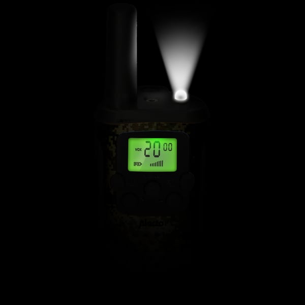 Alecto Walkie-Talkie-sett | 2 håndsett | Opp til 7 km | Frekvenskanaler: 8 | PTT / VOX | 24 timers standby | Hodetelefonutgang | Innebygd lommelykt |