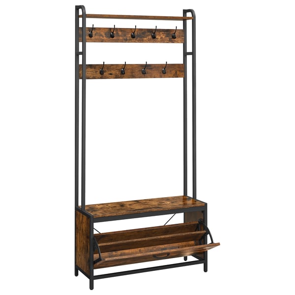 Garderobestativ med skoskap og benk, 30x85x180 cm, Brun Svart