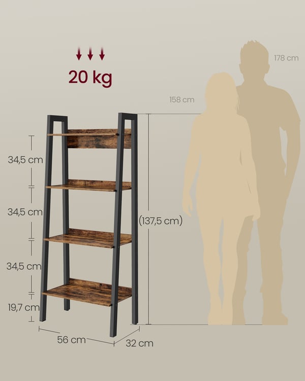 Stigestil reol, 56x34x137,5 cm, brun og sort
