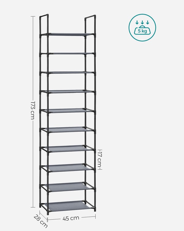 Skohylle, 45x28x173 cm, Svart