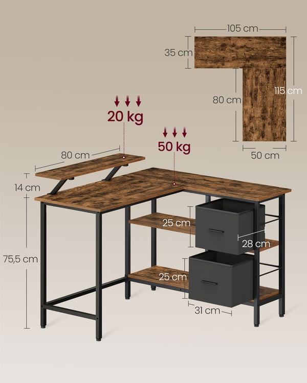 Skrivebord, 115x105x89 cm, Brun