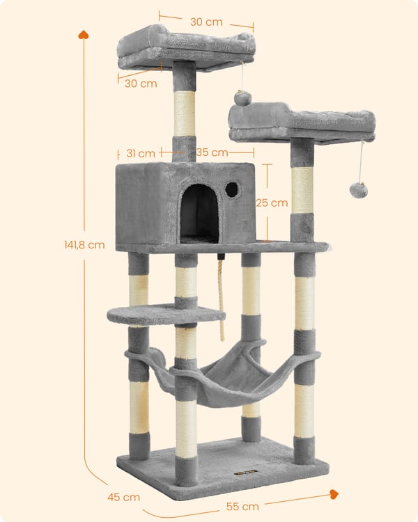 Kattetårn, 143x55x45 cm, Grå