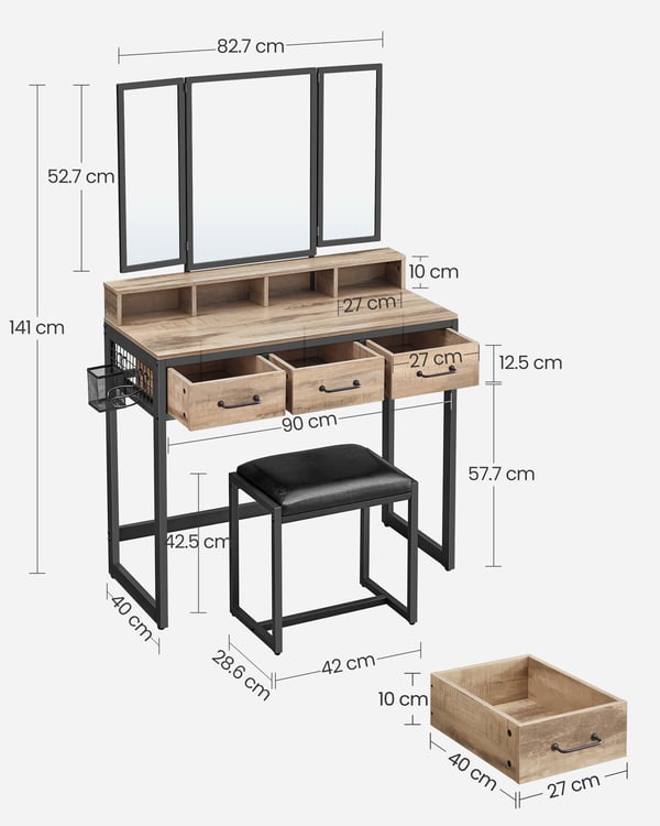 Toiletbord, 90x40x140,8 cm, Brun/Sort