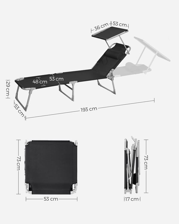 Solstol, 53x193x29,5 cm, Svart