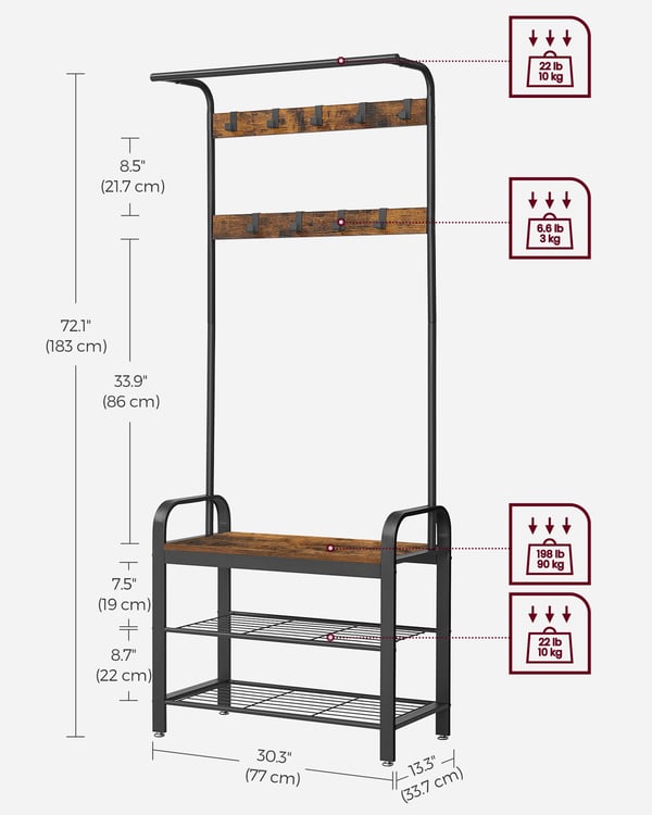 Knagerække med skobænk, 33,7x77x183 cm, brun og sort