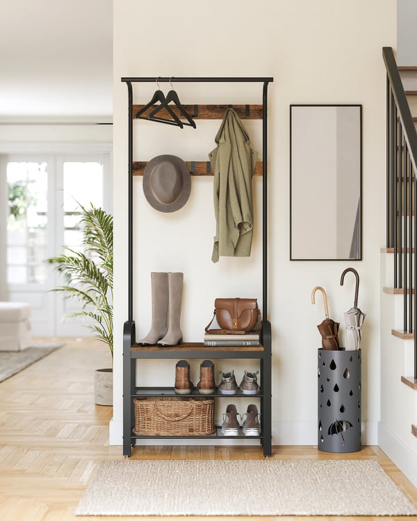 Knagerække med skobænk, 33,7x77x183 cm, brun og sort