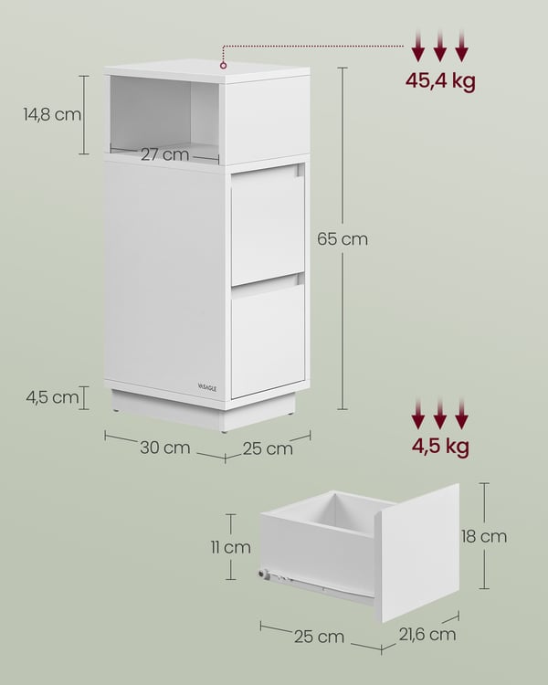 Sengebord, 25x30x65 cm, Hvid