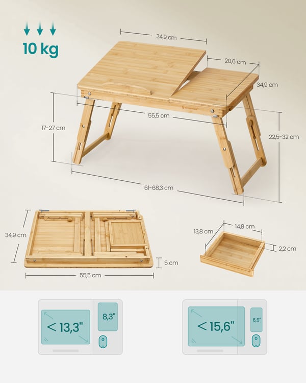 Laptopbord, Bambu, 55x35x22-32 cm, Natur