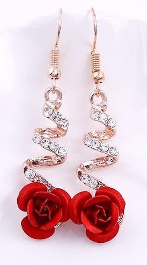 Rosé Guld Örhängen - Spiral med Röd Ros & Vita Rhinestones