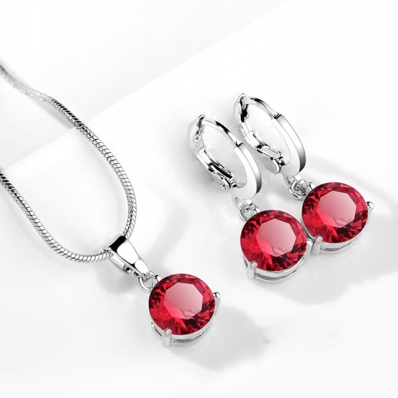 Silver Smyckesset - Halsband & Örhängen - Röd CZ Kristall