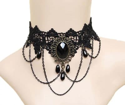 Brett Vintage Gothic Choker / Halsband - Svart Spets & Pärlor