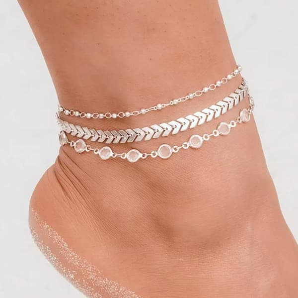 Silver Fotsmycke Fotlänk Vristlänk Fotkedja - 3 Kedjor & Strass