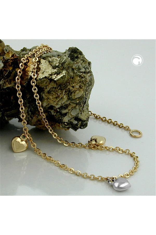 Anklet 1.7mm Anchor Chain With 3 Hearts Bicolor Variable Length 9kt Gold 25cm - GL511007-25